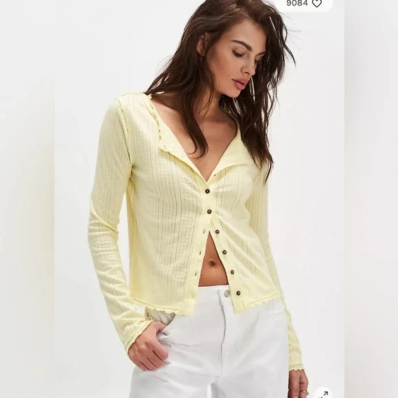 Free People/We the Free Penny Pointelle Cardi in Tender Yellow Size L. NWT Tees - Long Sleeve